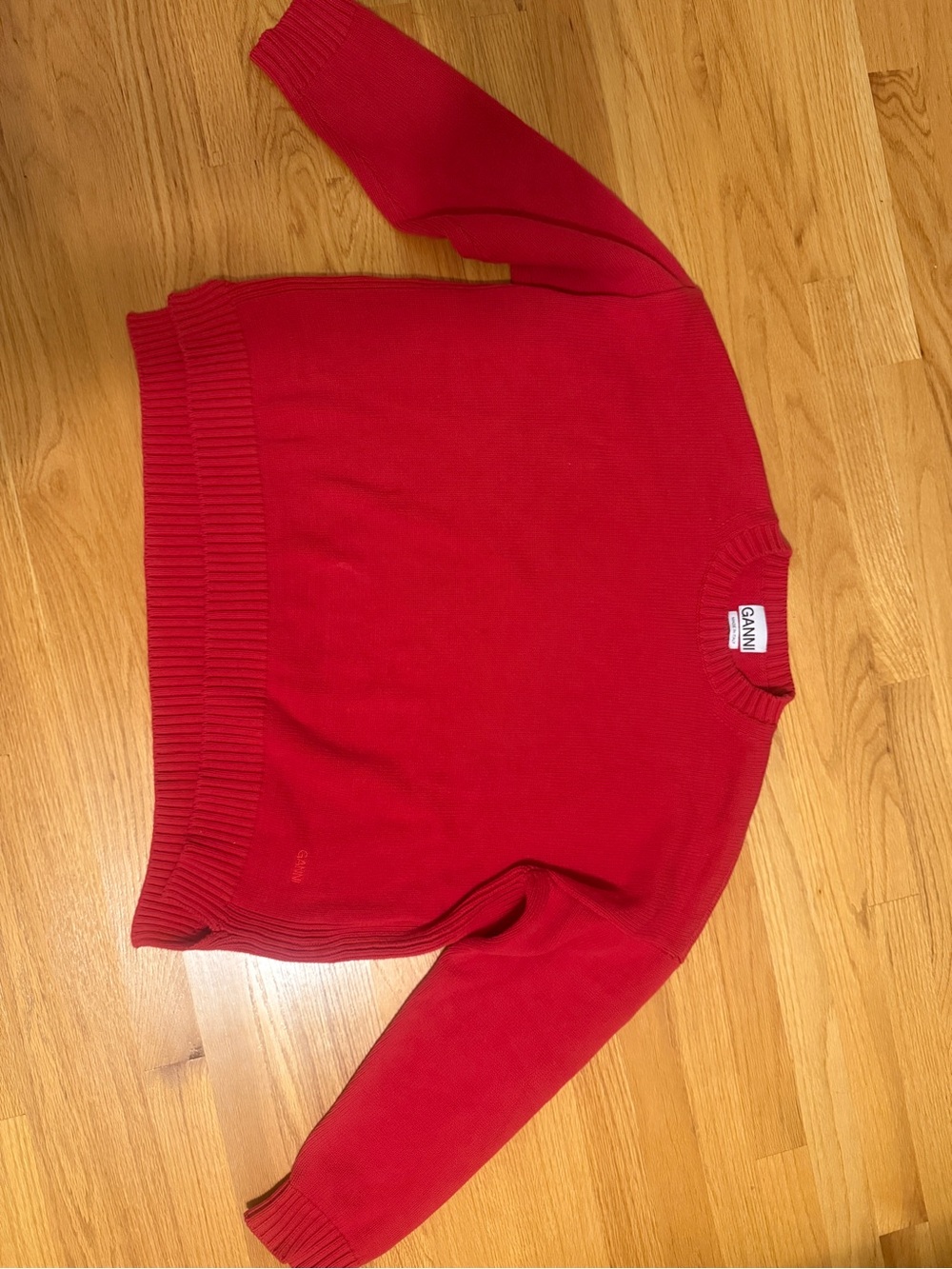 Ganni Bright Red Ribbed Crewneck Sweater